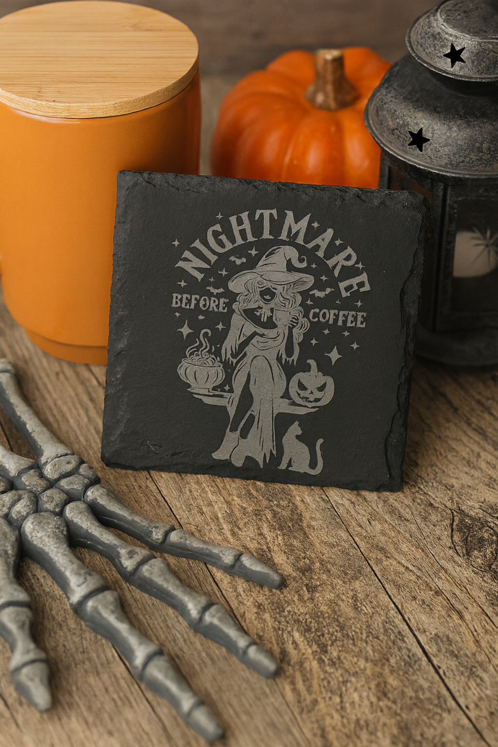Nightmare Before Coffee Slate Coaster – Funny Halloween Drinkware – Engraved Gothic Coffee Decor – Handmade in Florida